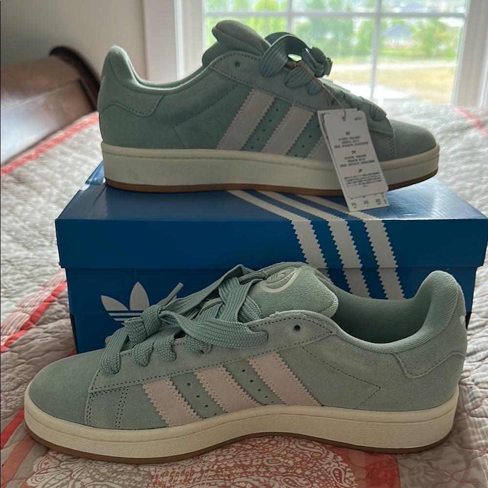 Adidas Pastel Green Sneakers with White Stripes